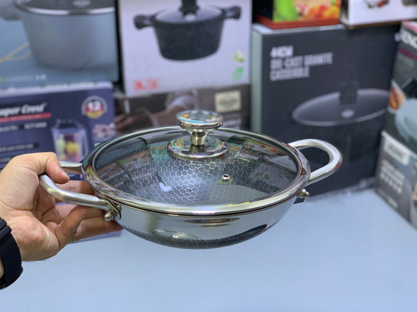 Laser Coating Shallow Type Casserole Handi- Shape Stainless Steel