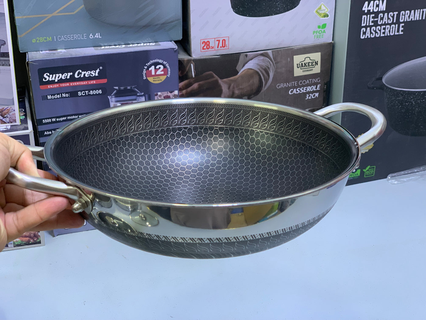 Laser Coating Shallow Type Casserole Handi- Shape Stainless Steel